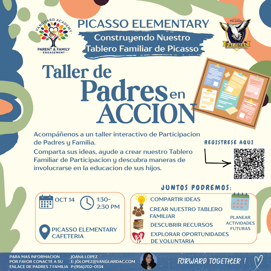 Poster for "Taller de Padres en Accion" at Picasso Elementary. Includes date, time, location, QR code, and icons for sharing ideas, creating a family board, and exploring resources.