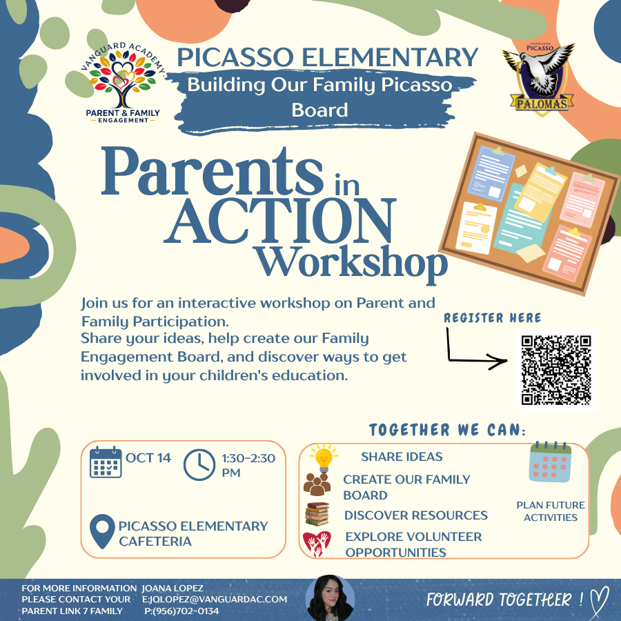 Poster with text reading "Parents in ACTION Workshop." It features a schedule, a QR code, a calendar, and an illustration of a woman.