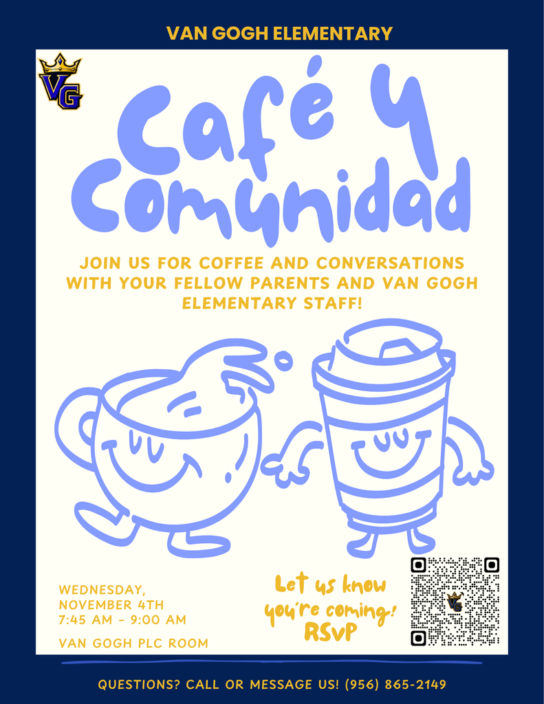A flyer invites parents to a coffee meeting. Two cartoon coffee cups with smiling faces hold hands. QR code and contact info are on the right.