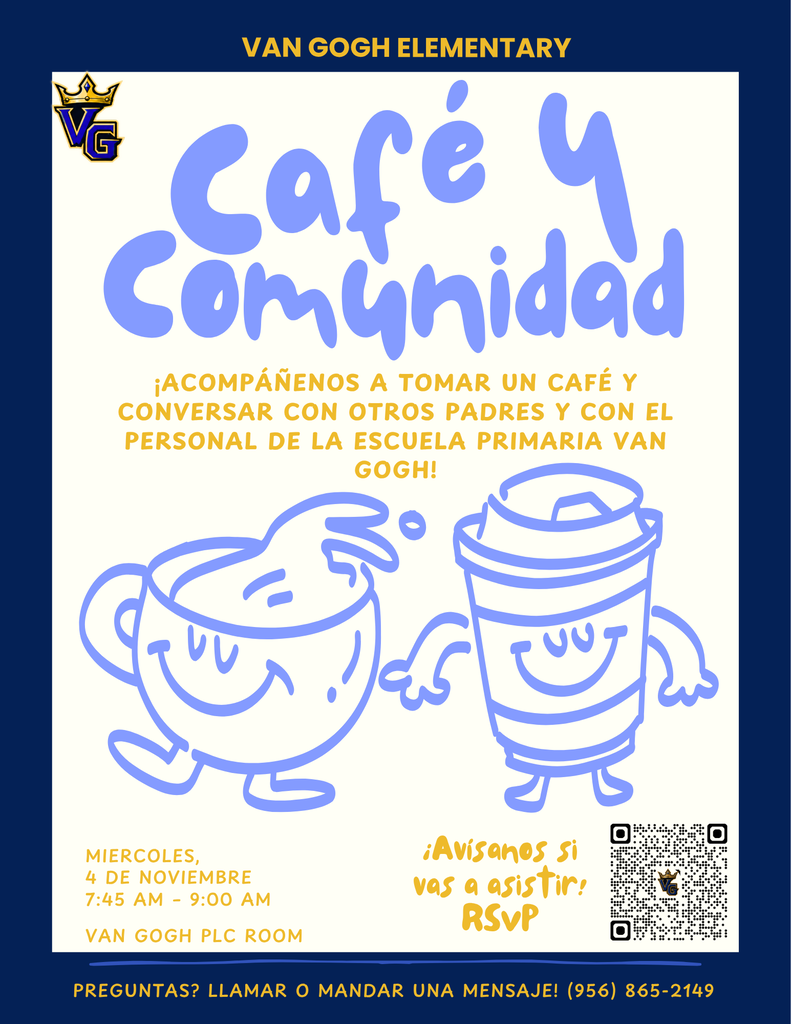 A blue banner promotes an event with a community café. It features cartoon mugs, a QR code, and text in Spanish.