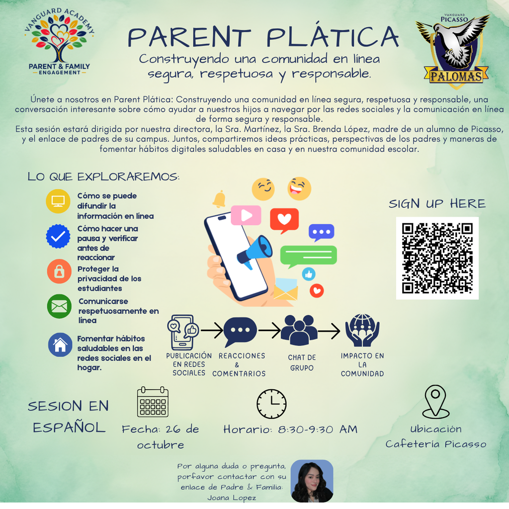 Poster with green background. Text in Spanish. Icon of a smartphone with megaphone. Icons of a person, camera, video, speech bubbles, and calendar. QR code.