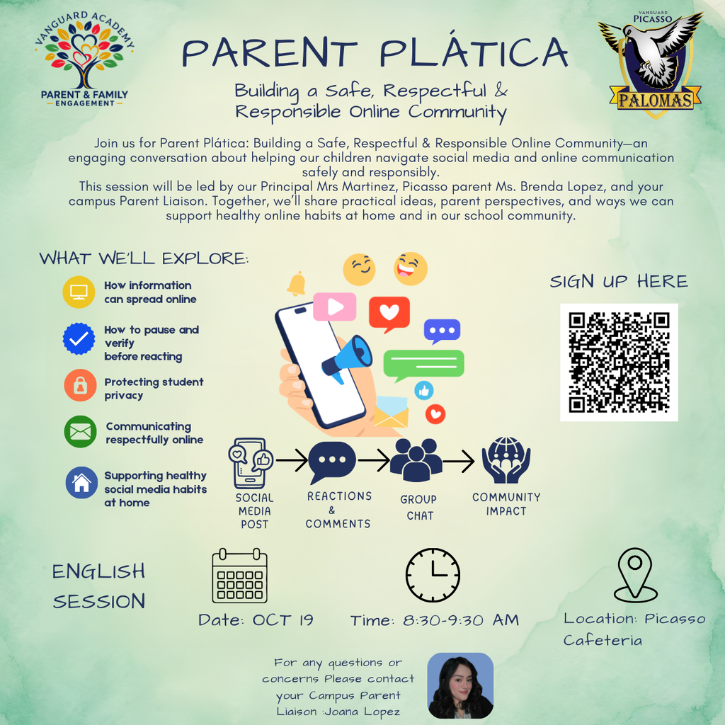 Poster for Parent Plática event on Oct 19, 9:30-11:30 AM. It shows topics like safety, communication, and privacy. QR code for sign-up.