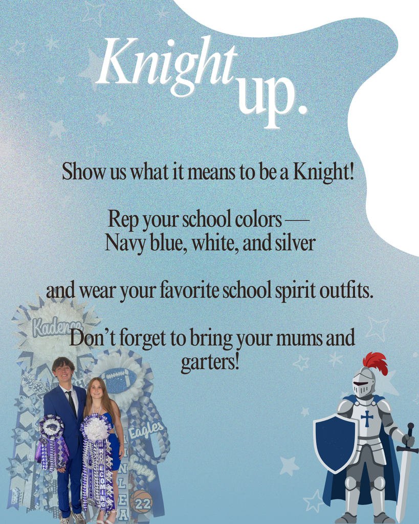 Blue background with white text. Two figures, one in formal dress, another in knight attire. Decorations and stars.