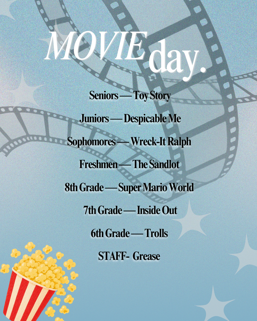 Blue background with a filmstrip design. Each grade and staff has a movie assigned. Popcorn at the bottom.