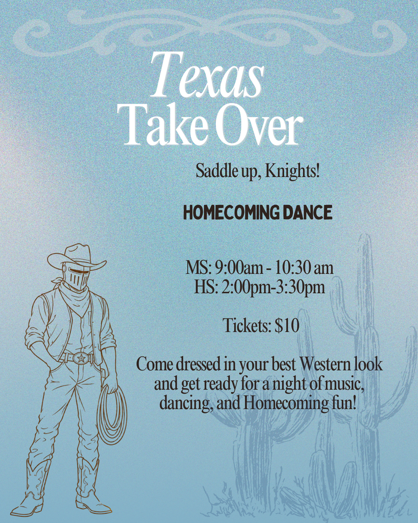 Event flyer for Homecoming Dance. A man in a cowboy hat and lasso stands in front of a cactus.