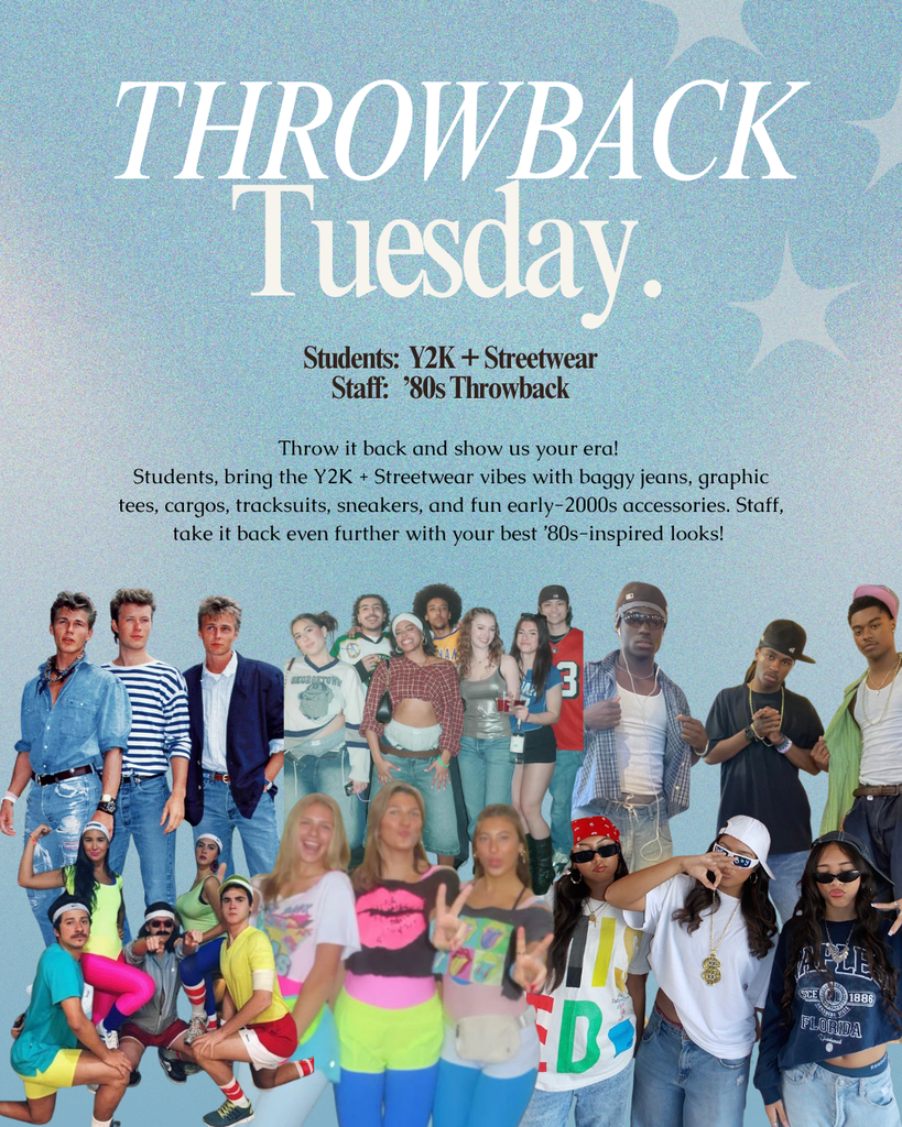 A collage of people in 1980s fashion poses against a blue background. They wear baggy jeans, graphic tees, and sneakers.