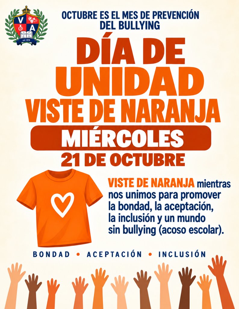 Poster with a white background and orange text. It features a heart on an orange t-shirt and multiple hands in different colors.
