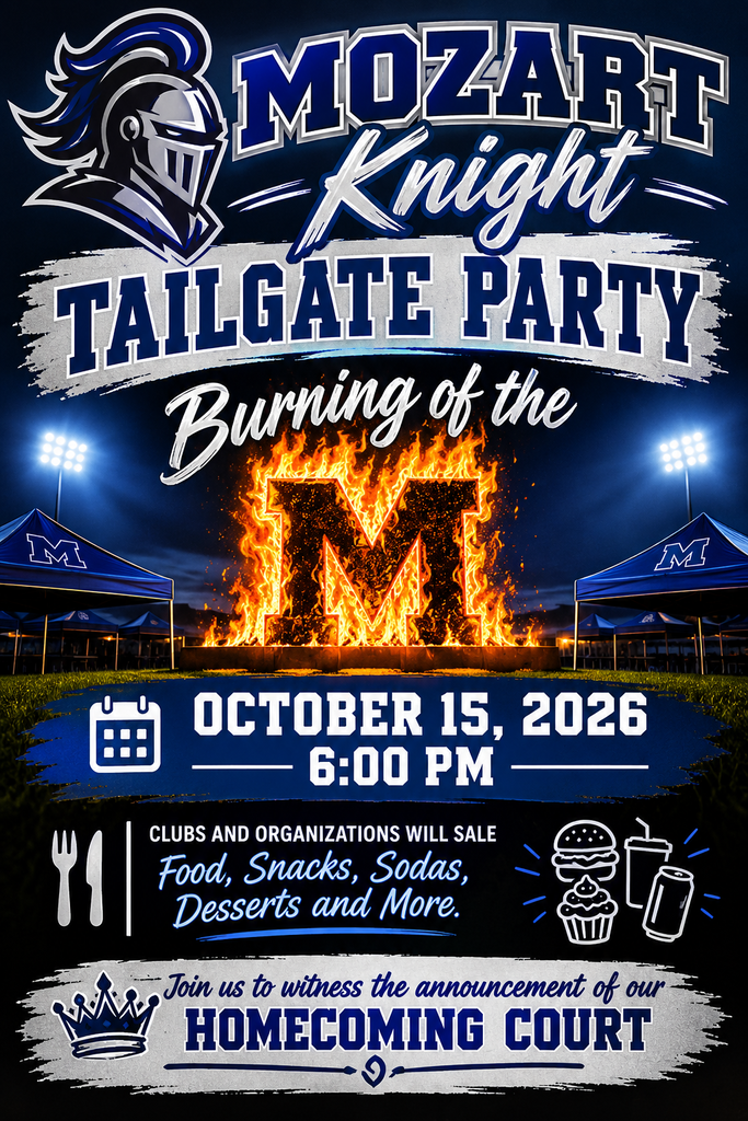 Event poster for the "Mozart Knight Tailgate Party" with the burning M logo and blue tents. Date: October 15, 2026, Time: 6:00 PM. Food, snacks, sodas, desserts, and more.
