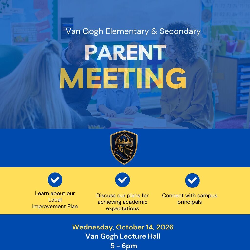 Blue banner with white text. It says "Parent Meeting" and "Van Gogh Elementary & Secondary" at top.