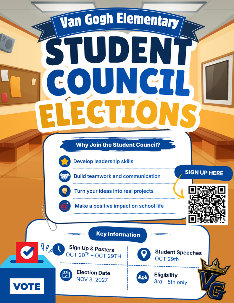 Banner for student council elections, includes benefits of joining, sign-up information, and QR code. School background with benches and posters.