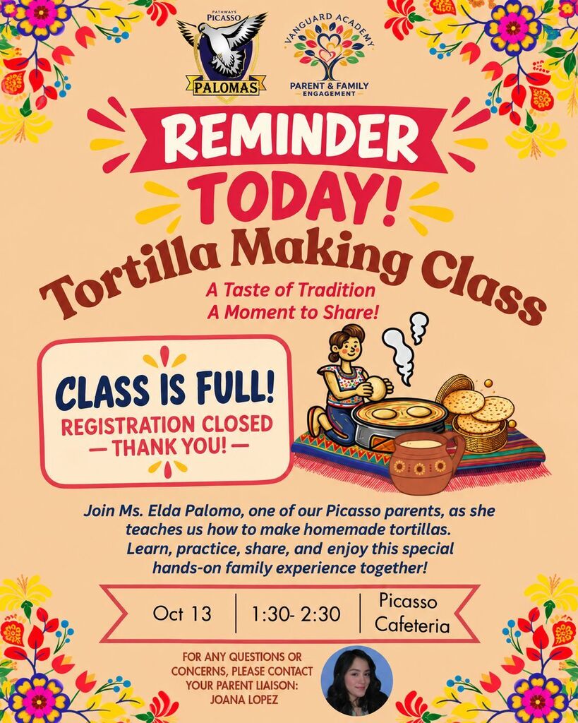 An event flyer displays "Tortilla Making Class." A person works at a table with tortillas. It reads, "Registration Closed - Thank You!" The date is Oct 13.