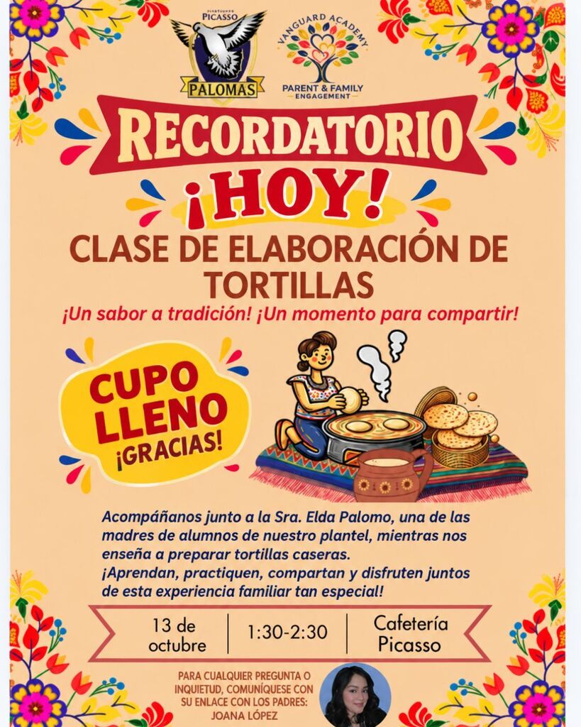 An event poster with a vibrant design and floral patterns in the background. It features a woman making tortillas, a cup with a lid, and text in Spanish.