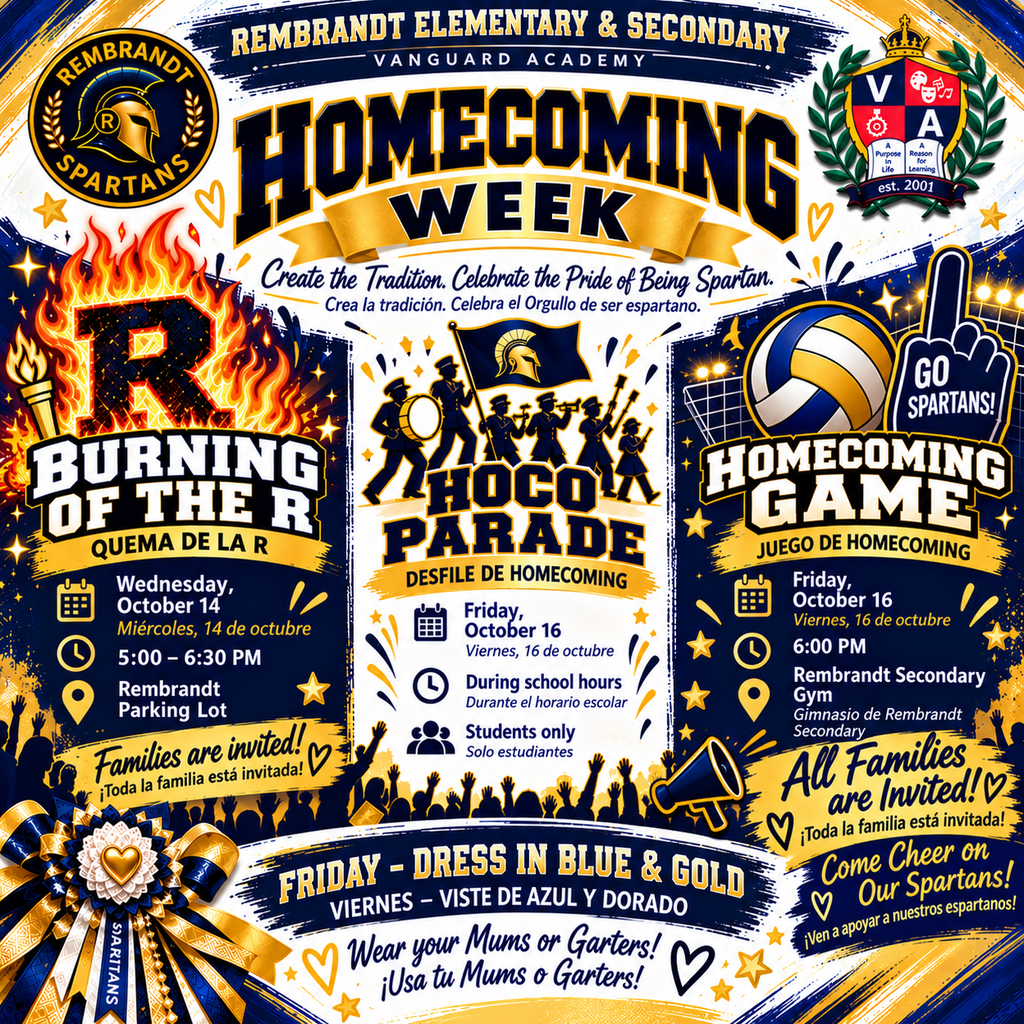 A poster for Rembrandt Academy Homecoming Week. Events include the burning of the R, homecoming parade, and a volleyball game.