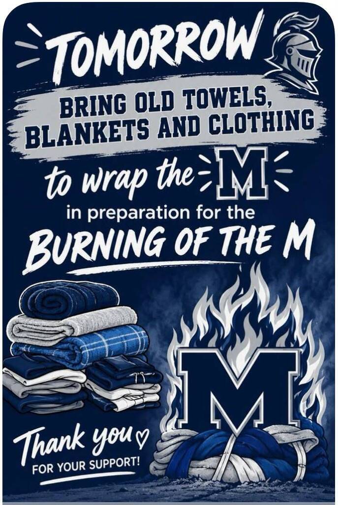 Advertisement for event asking people to bring old towels, blankets and clothing to wrap the letter M for burning.