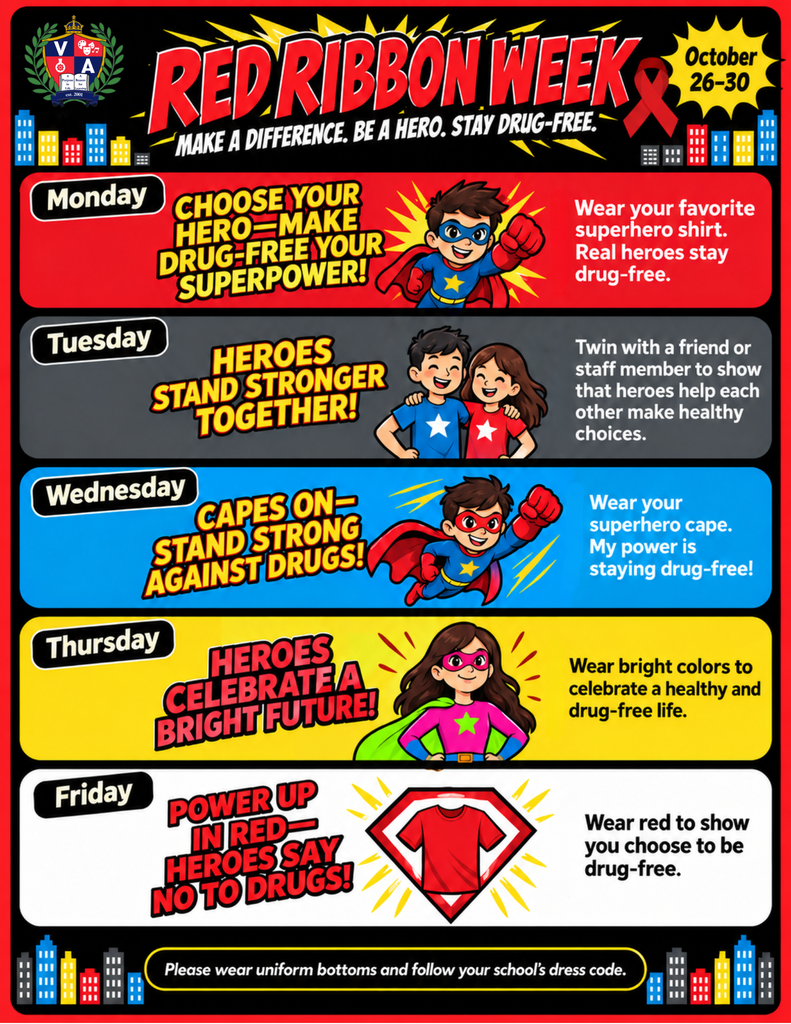 A poster with five days and matching themes for Red Ribbon Week, including wearing red on Friday.