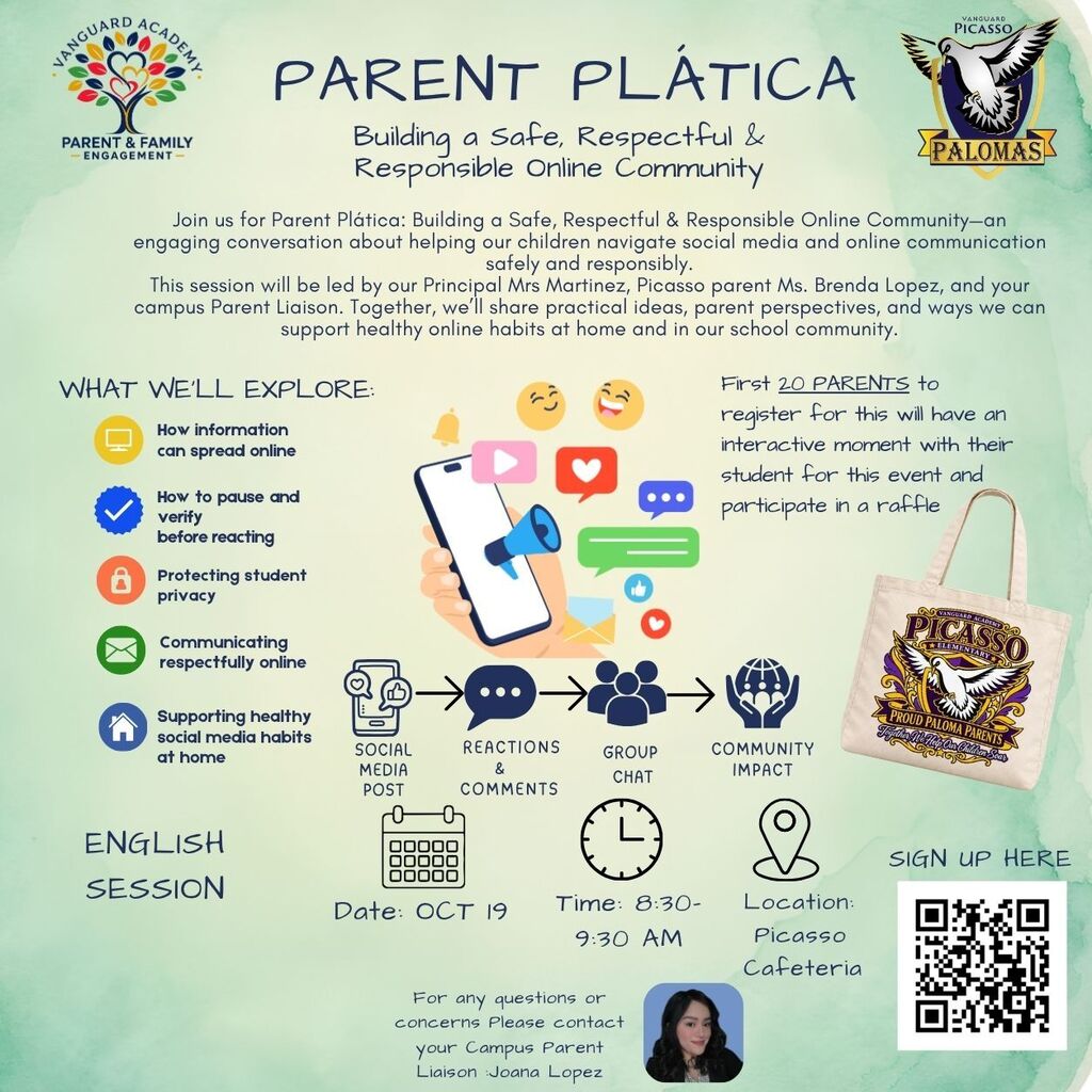 Green poster with white text, icons, and images. Includes icons of a cell phone, shopping bag, and calendar.