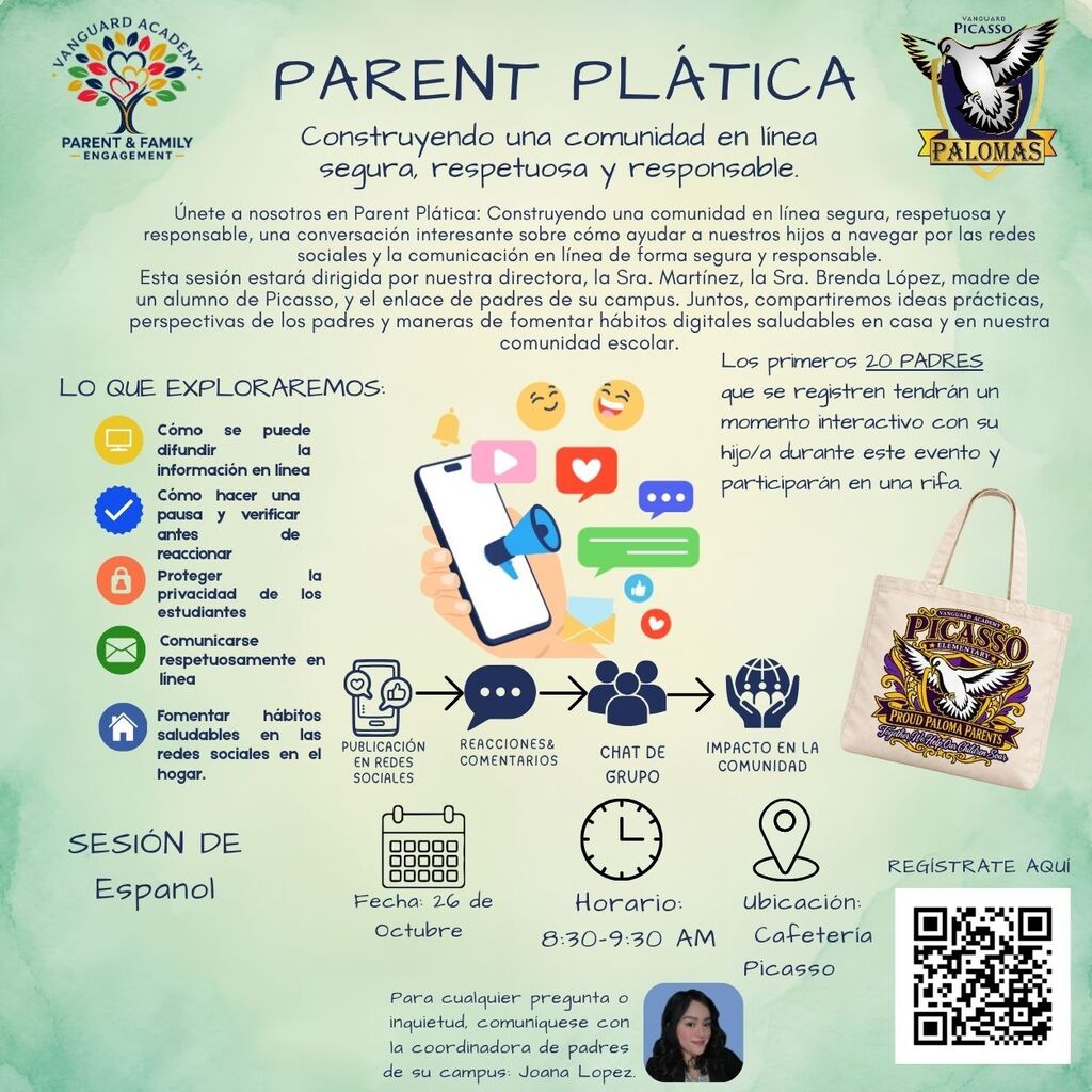 Poster shows icons of icons, a phone, and other icons with text about a parent platform.