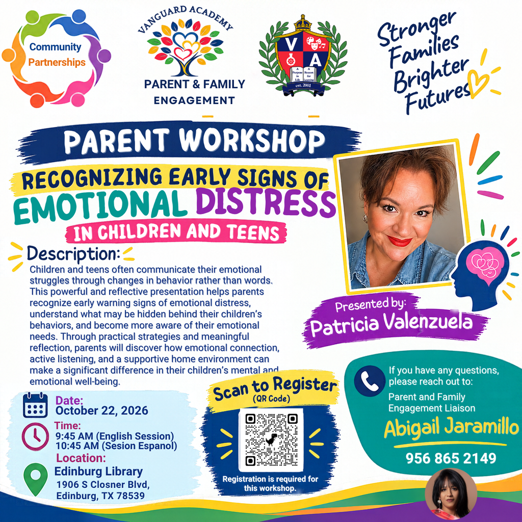 A poster for a parent workshop with a colorful background. Text reads: "Recognizing Early Signs of Emotional Distress in Children and Teens." A photo of a woman appears, along with contact information.