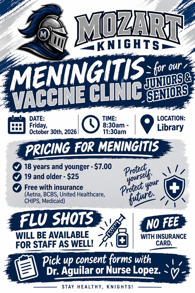 Blue and white poster advertising a Meningitis Vaccine Clinic for juniors and seniors. It lists date, time, location, and pricing.