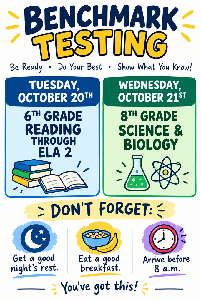 Visual elements include a test preparation poster with three sections. One section reads "Benchmark Testing."