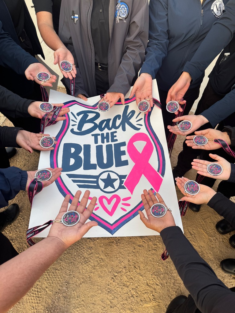 Multiple hands holding ribbons and medals over a poster with "Back the Blue" and a pink ribbon.