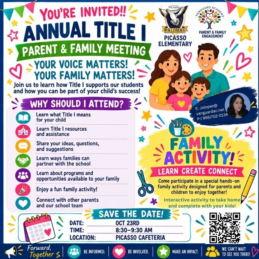 Annual Title I Parent & Family Meeting invitation with date, time, location, family activity, and QR code.