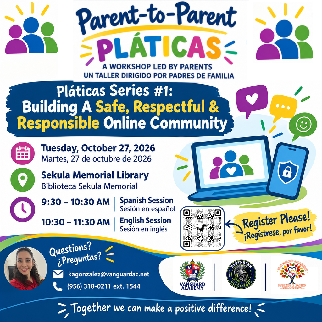 Poster for a parent workshop on online safety, featuring icons, text, QR code, and a woman's photo.