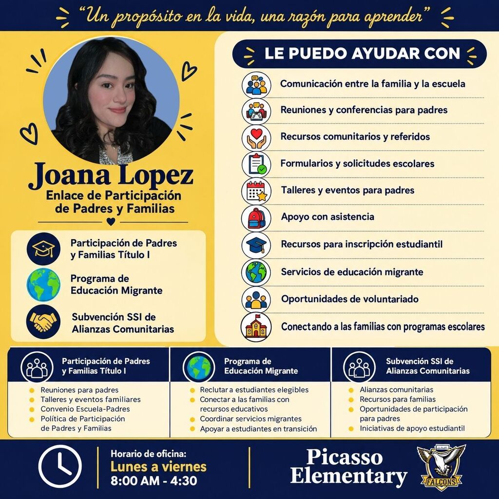 Poster with a woman's photo, text, icons, and bullet points in Spanish. Icons include a home, speech bubble, building, and more.