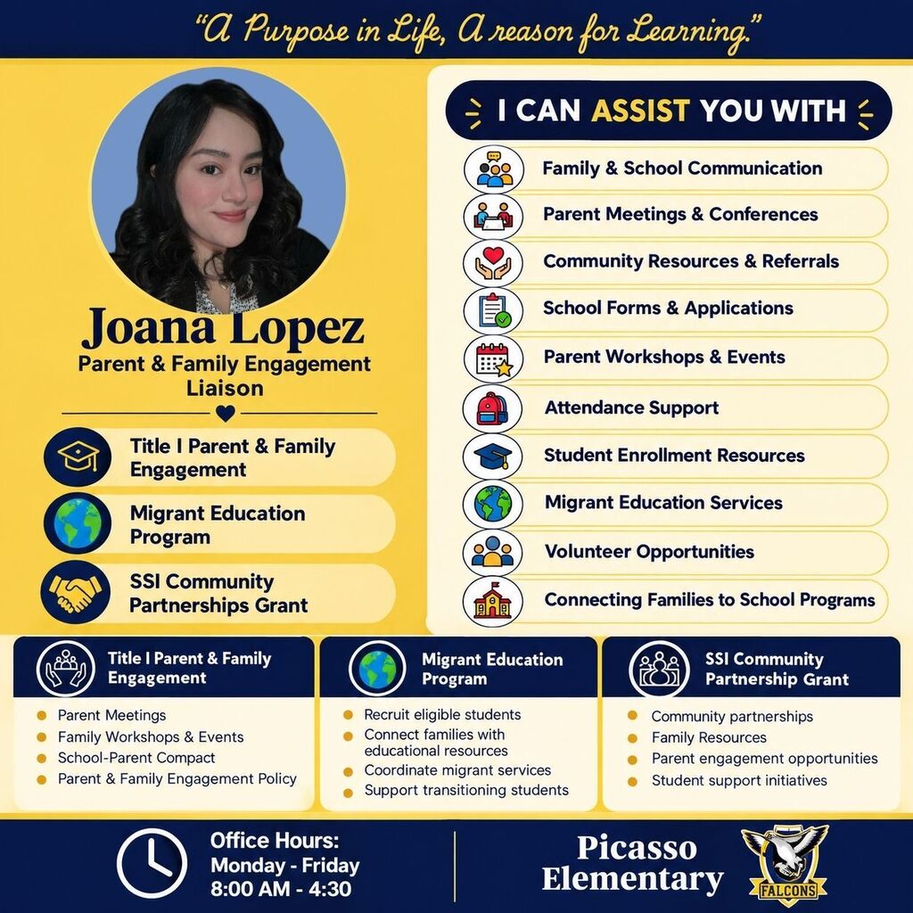 A school information card for Picasso Elementary features a woman, Joana Lopez, with services offered in text and icons.