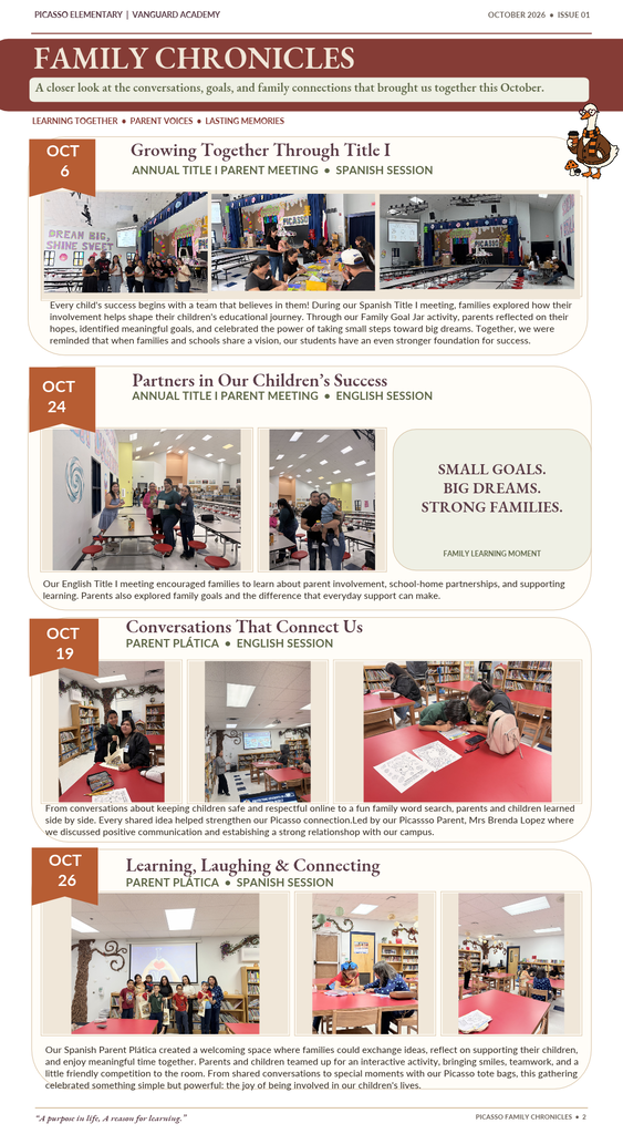 Magazine page with four photos of people in classrooms; each photo has a text overlay with the title and date of the event.