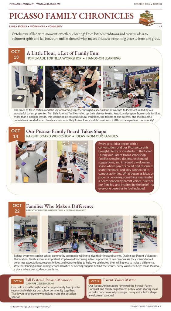 A magazine page with text and photos of families and students in a kitchen and classroom setting.