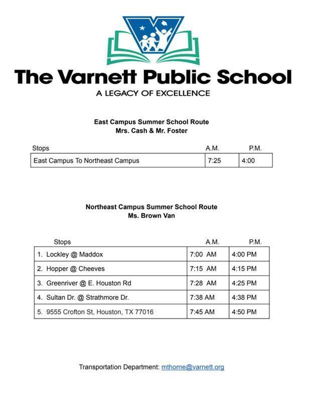 Updated Northeast  Summer Transportation Schedule as of 6.3.2026