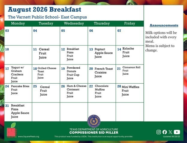 August Breakfast Menu - East Campus