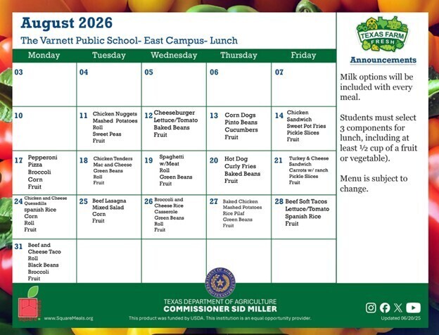 August Lunch Menu - Northeast Campus