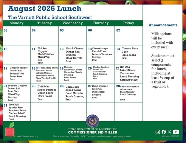 August Lunch Menu - SW Campus