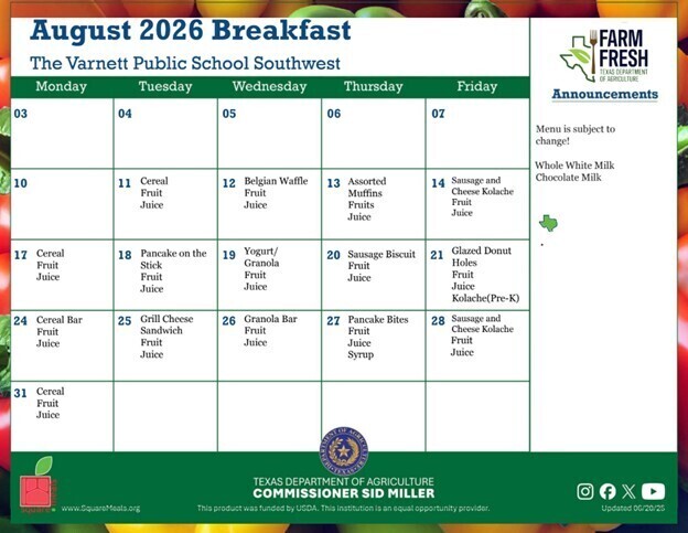 August Breakfast Menu - SW Campus