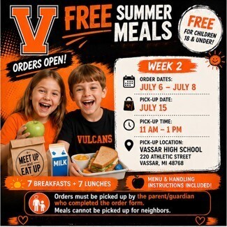 Orange and black background with white and clack and orange writing inviting families to join us for free meals for children under 18.