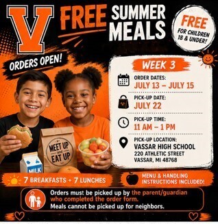 Orange and vlack backgrouns with white, black, and orange writing inviting families with children 18 or younger to participate in the summer eat up and meet up food program. 