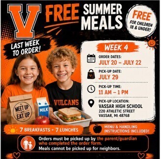 oragne and black background with white, orange and black text inviting families of children 18 and under to praticipate in the summer eat up and meet up food program. Also includes two children smiling holding a lunch try of food and the Vassar block V logo.
