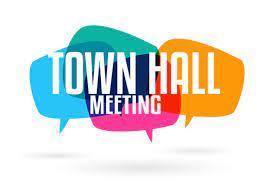 conversation bubbles with Town Hall Meeting in white writing