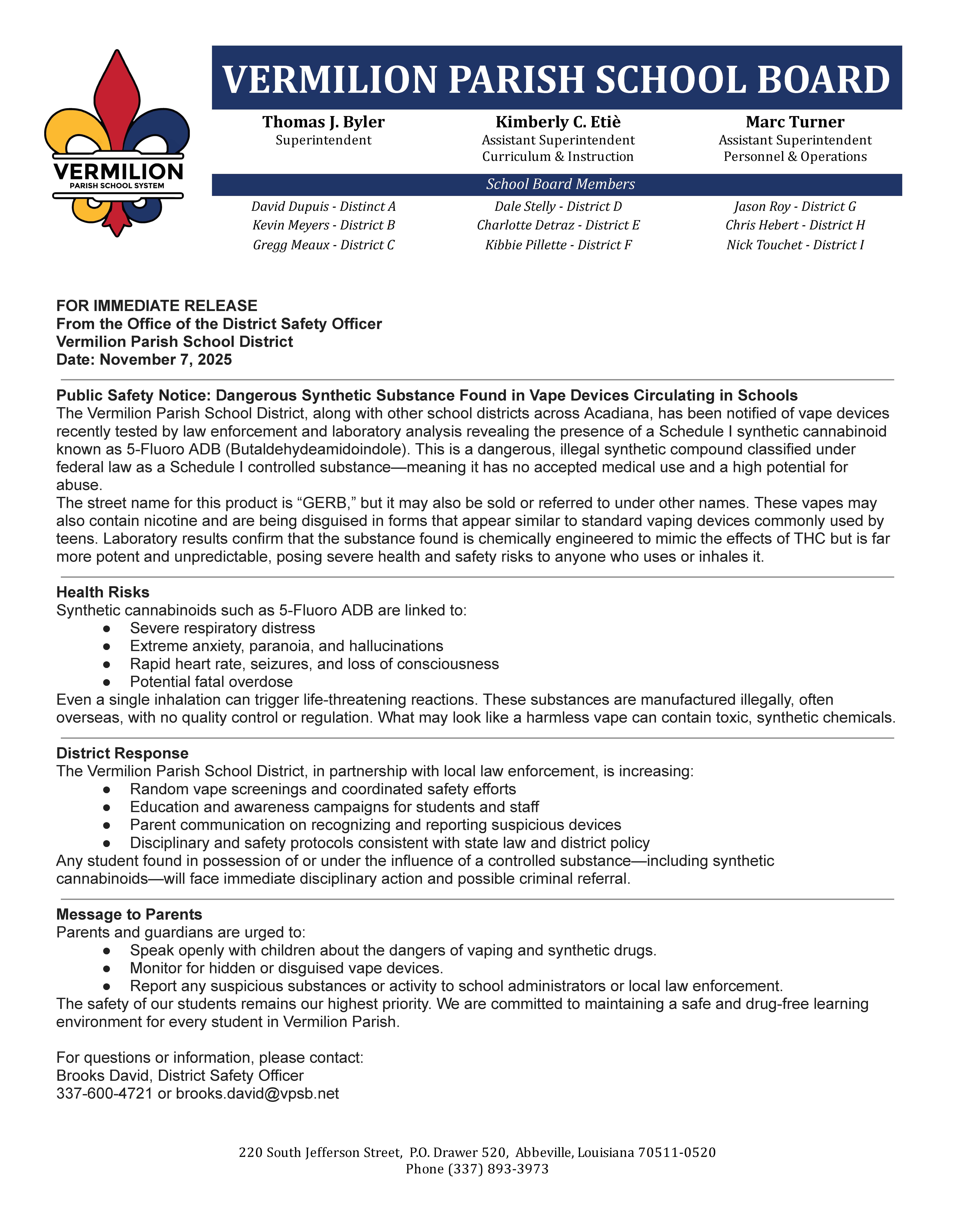 Public Safety Notice: Dangerous Synthetic Substance Found in Vape Devices  Circulating in Schools | Vermilion Parish School System