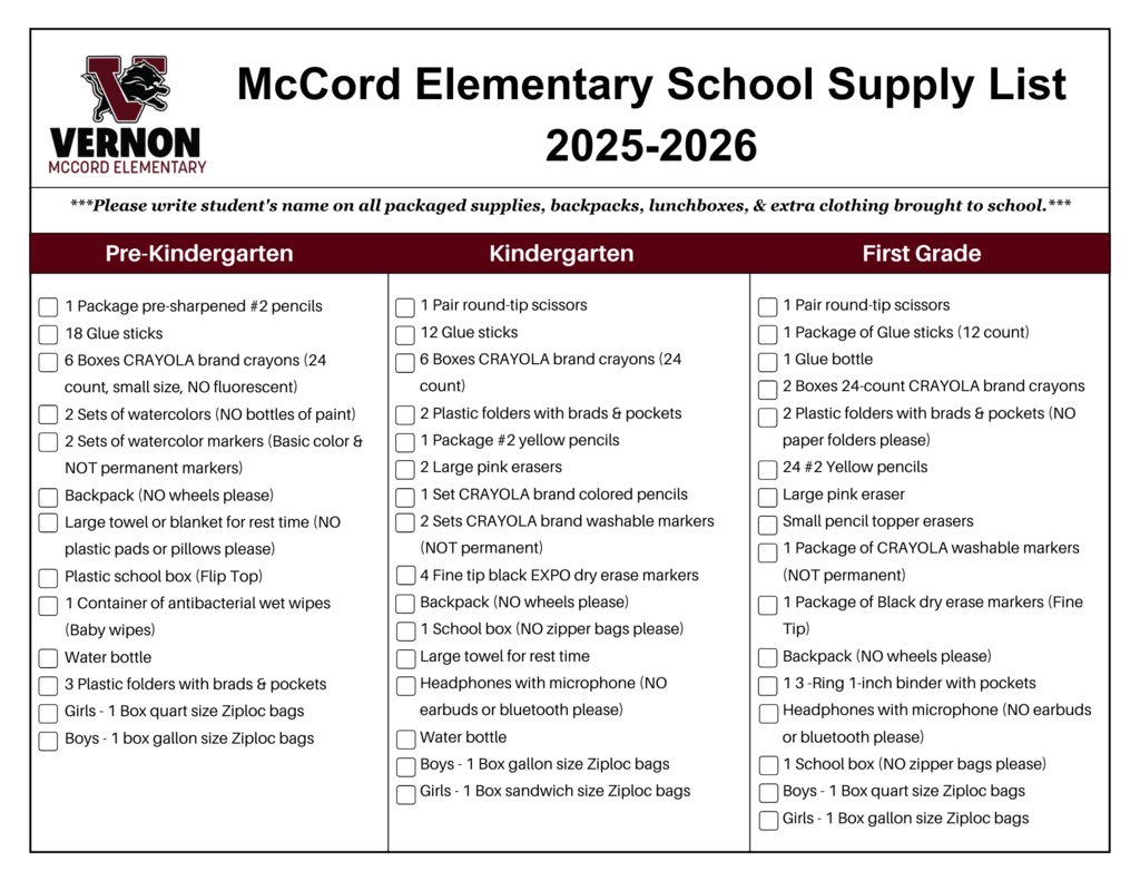 mccord supply list