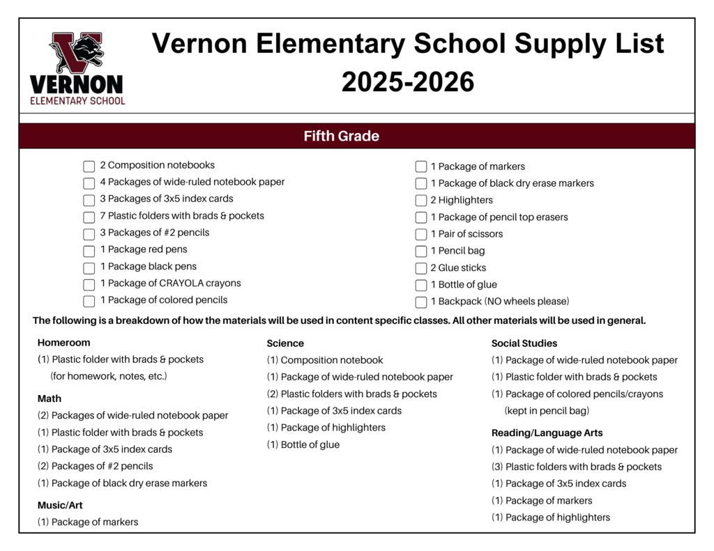 5th grade supply list