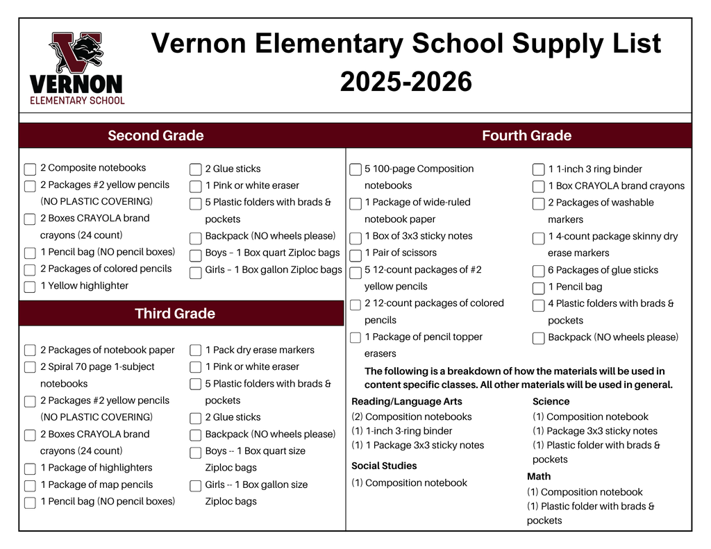 ves 2-4 supply list 2025-26