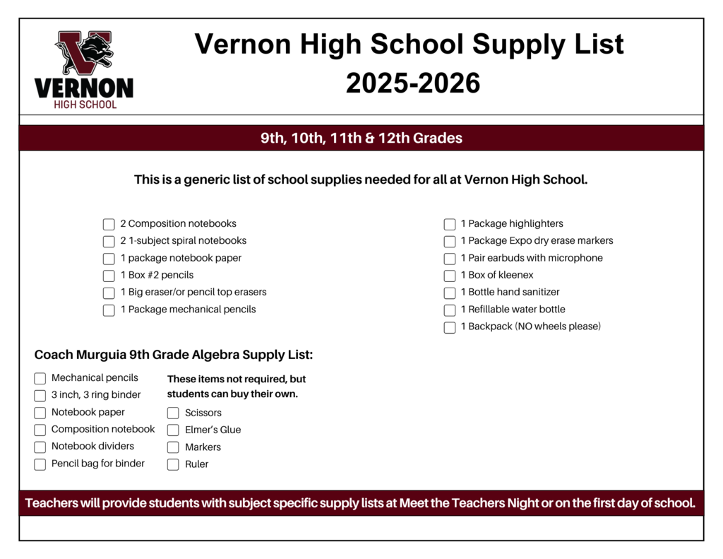 vhs school supply list 2025-26