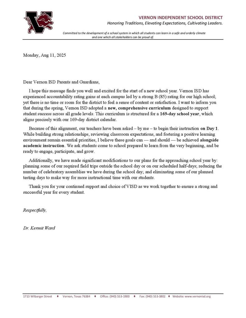 ward letter to parents