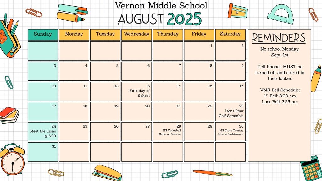 VMS august calendar