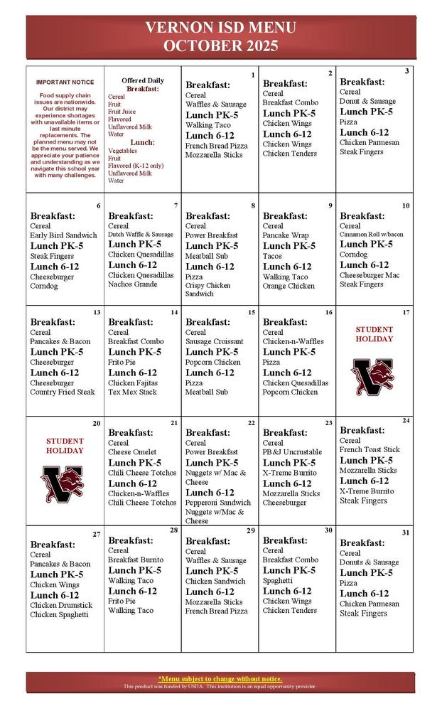 october menu 2025