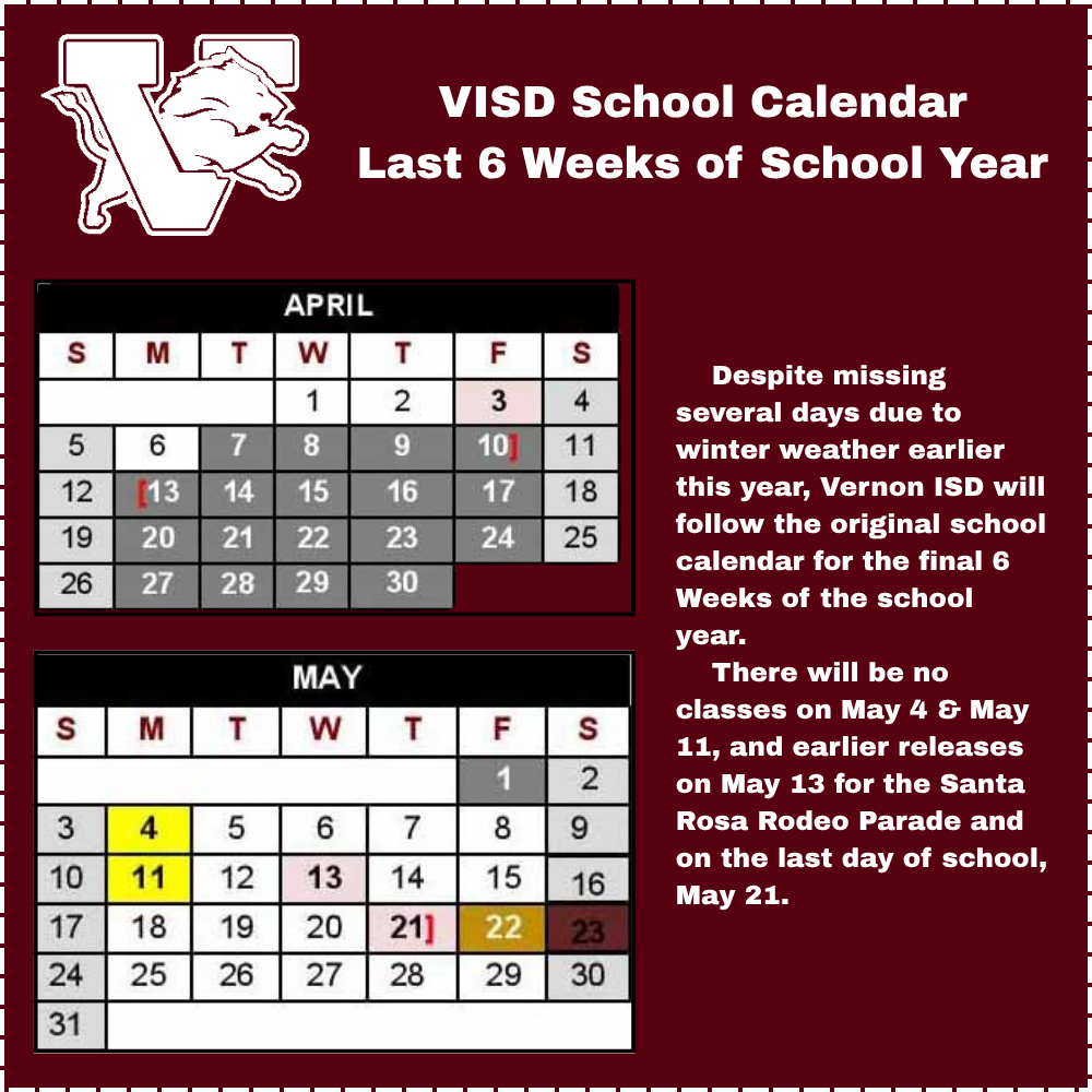 last 6 weeks of school calendar