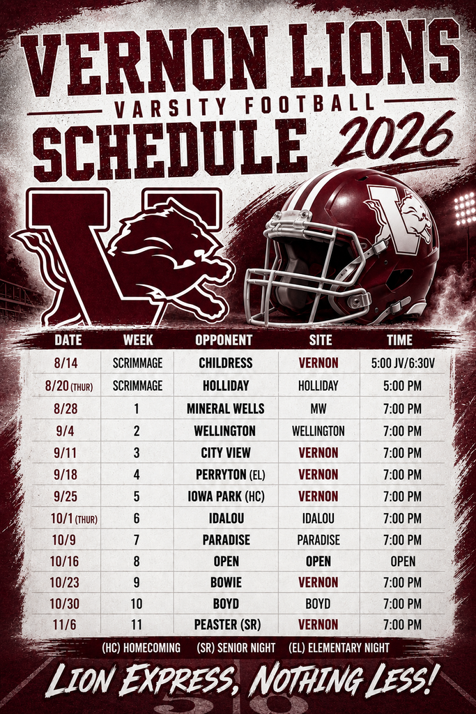 Vernon lions football schedule 2026